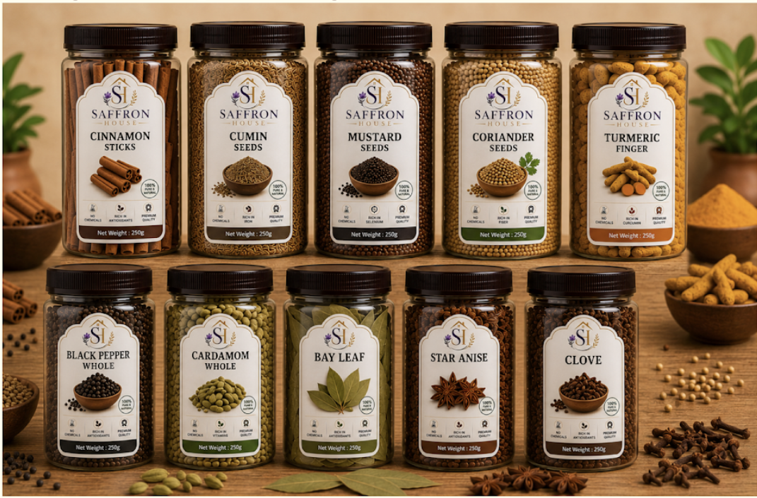 Whole spices range — Cinnamon, Cumin, Mustard, Coriander, Turmeric, Black Pepper, Cardamom, Bay Leaf, Star Anise, Clove